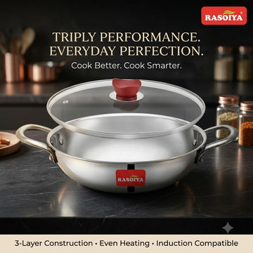 Rasoiya 240MM & 280MM Tri-Ply Stainless Steel Premium Kadai 3L & 4.5L 3-Layer Thick Body, Induction & gas Compatible