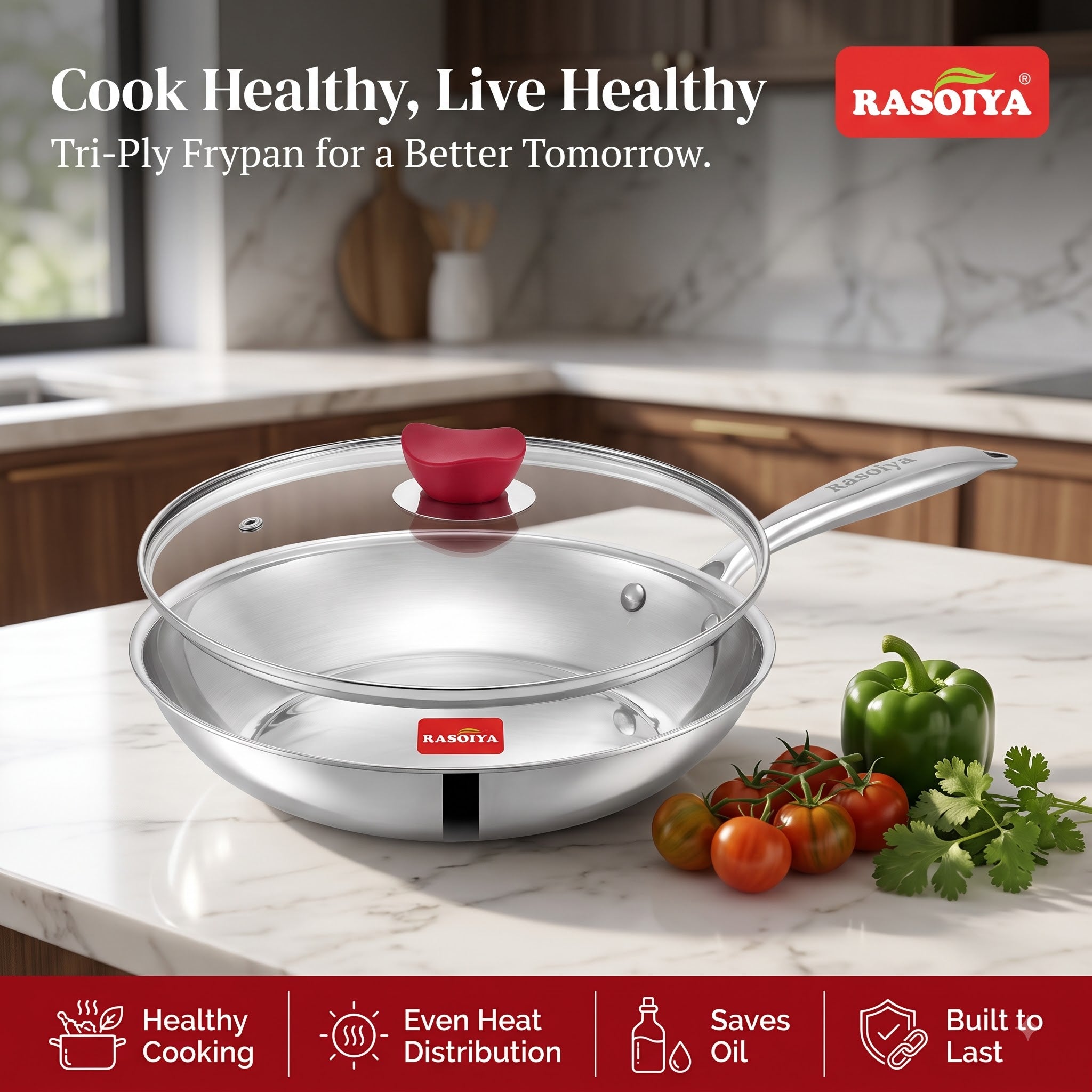 Rasoiya 240MM & 280MM Tri-Ply Stainless Steel Fry Pan With Glass Lid,3L & 5L Capacity Premium 3-Layer Thick Body, Induction & gas Compatible