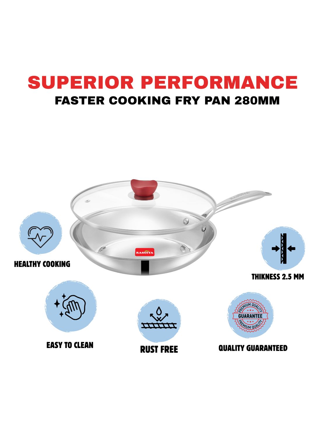 Rasoiya Tri-Ply Stainless Steel Fry Pan Premium 3-Layer Thick Body, Induction & gas Compatible