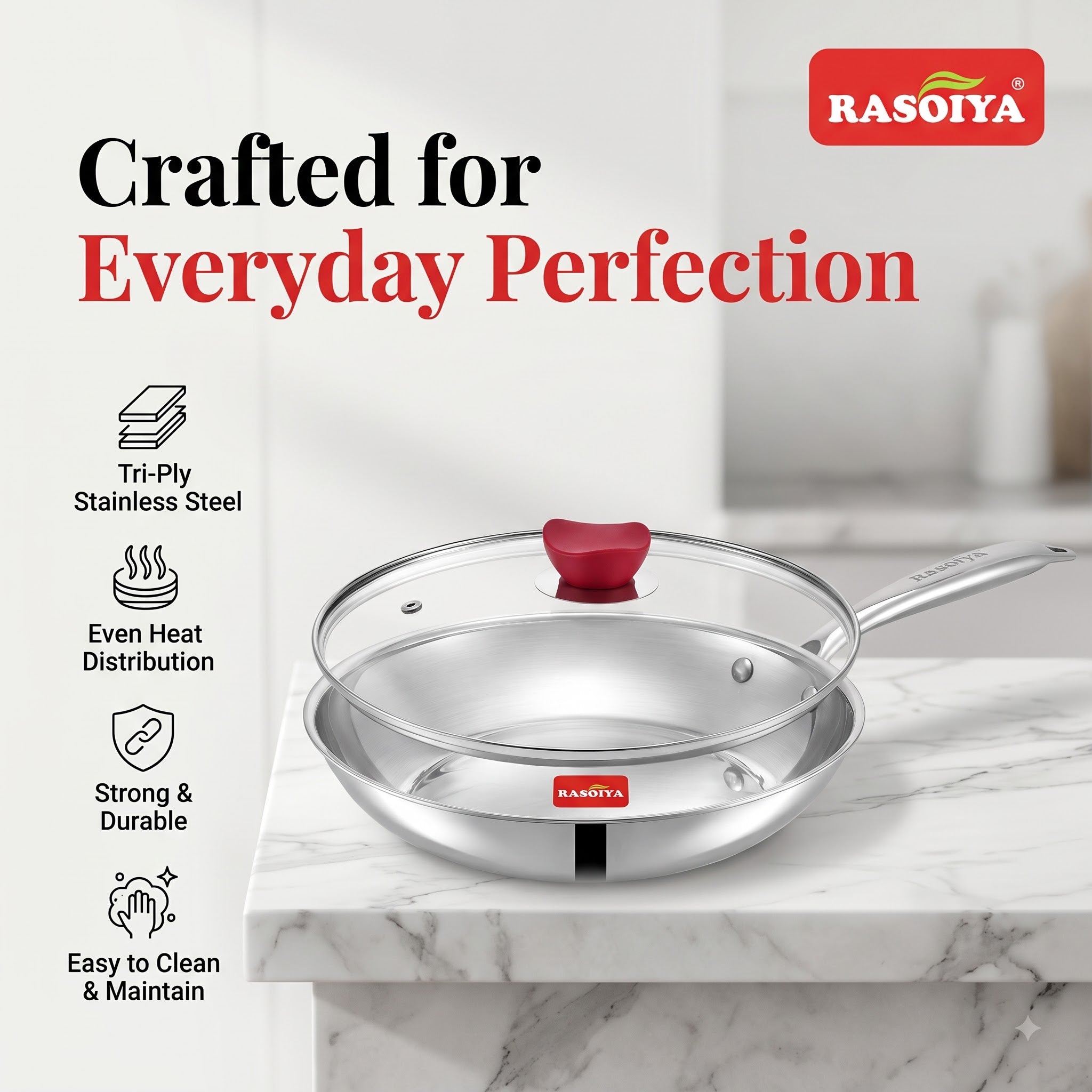 Rasoiya 240MM & 280MM Tri-Ply Stainless Steel Fry Pan With Glass Lid,3L & 5L Capacity Premium 3-Layer Thick Body, Induction & gas Compatible