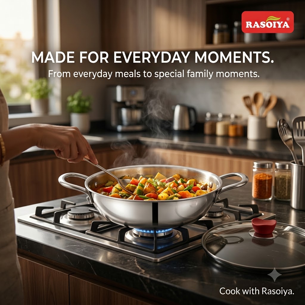 Rasoiya 240MM & 280MM Tri-Ply Stainless Steel Premium Kadai 3L & 4.5L 3-Layer Thick Body, Induction & gas Compatible