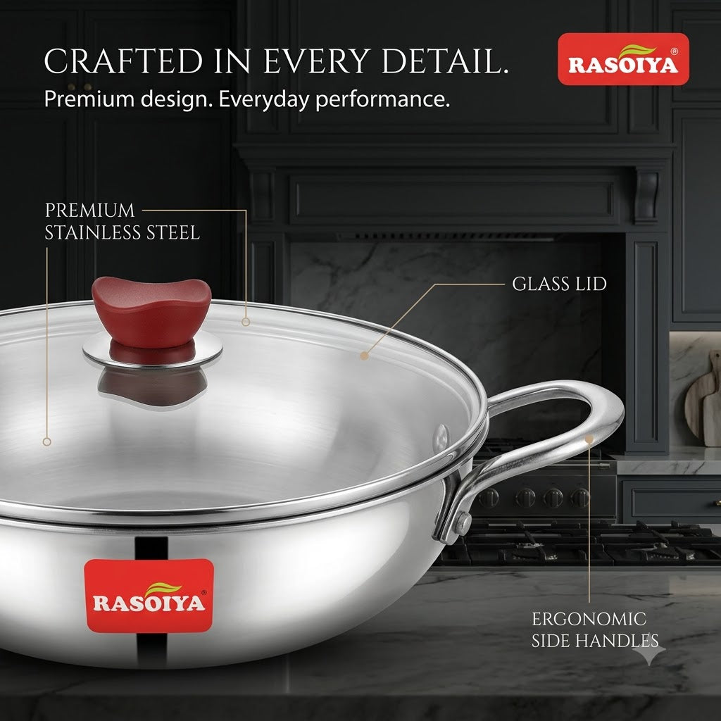 Rasoiya 240MM & 280MM Tri-Ply Stainless Steel Premium Kadai 3L & 4.5L 3-Layer Thick Body, Induction & gas Compatible