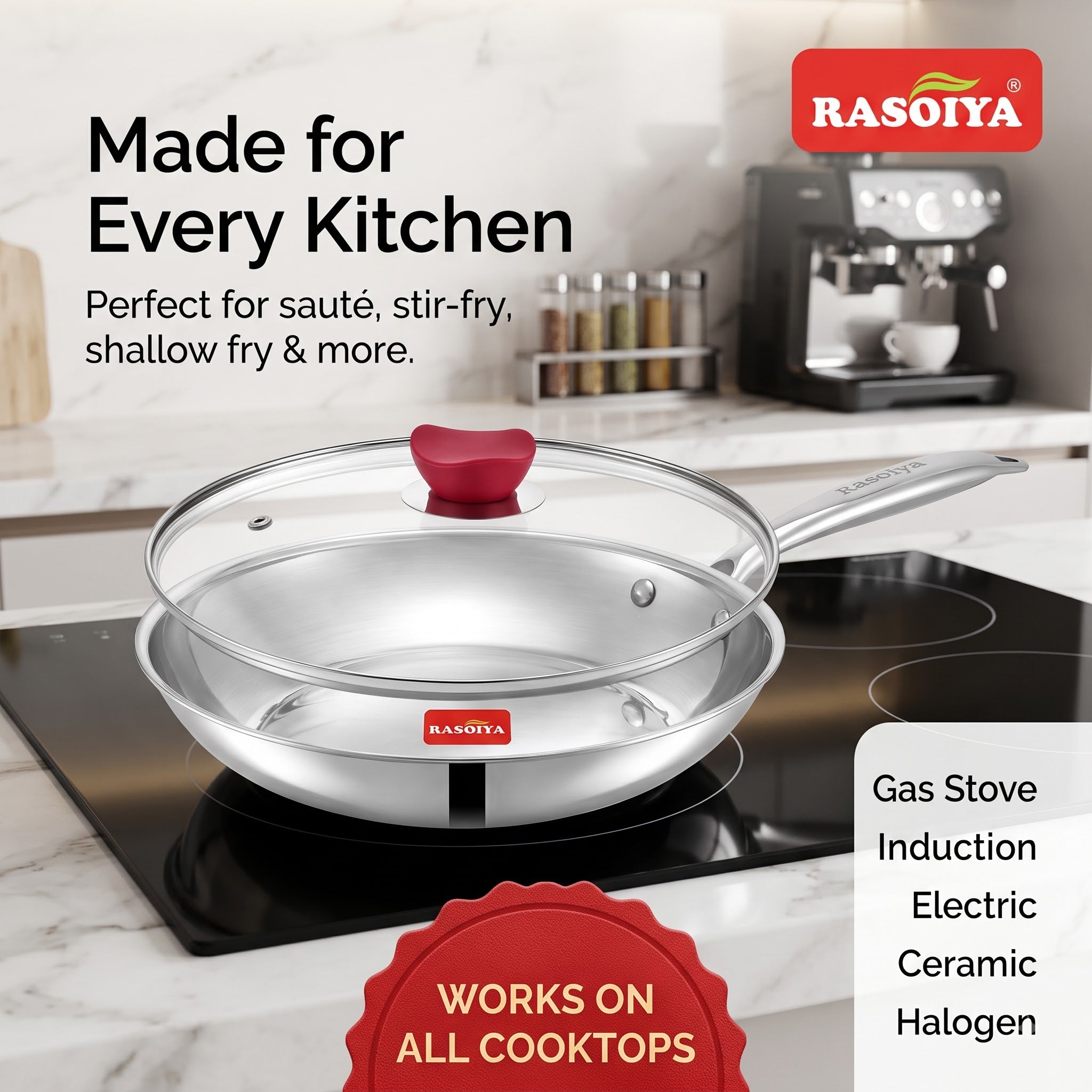 Rasoiya 240MM & 280MM Tri-Ply Stainless Steel Fry Pan With Glass Lid,3L & 5L Capacity Premium 3-Layer Thick Body, Induction & gas Compatible