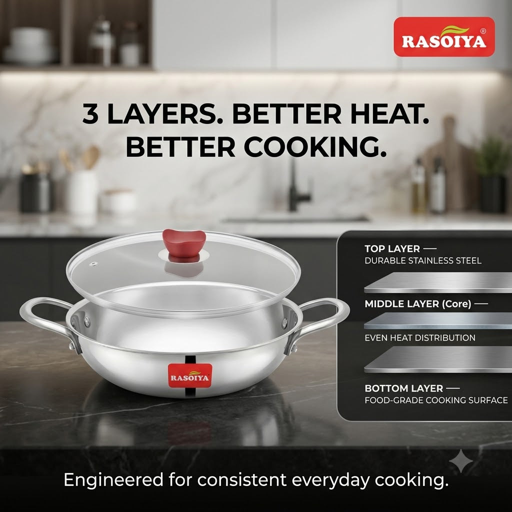 Rasoiya 240MM & 280MM Tri-Ply Stainless Steel Premium Kadai 3L & 4.5L 3-Layer Thick Body, Induction & gas Compatible