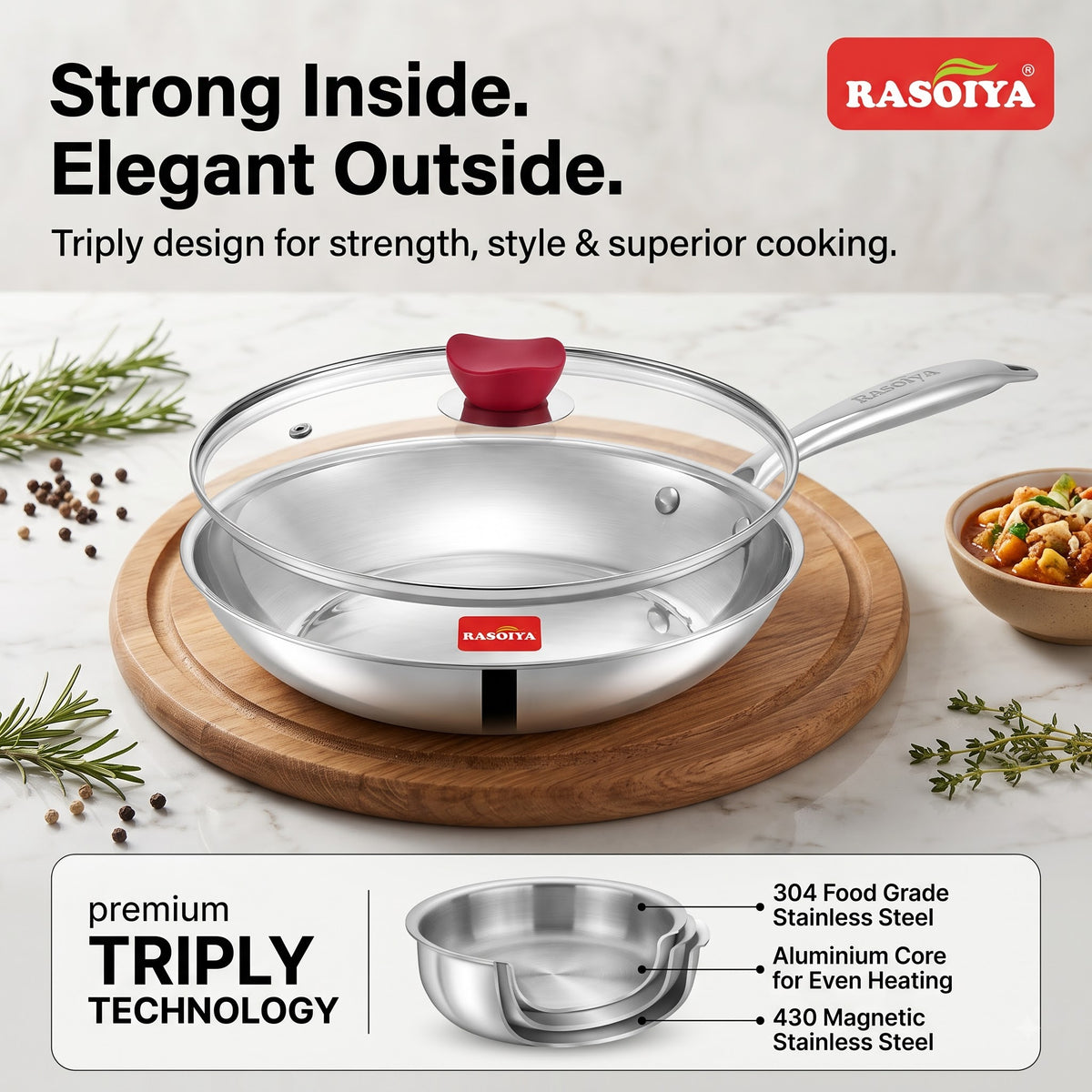Rasoiya 240MM & 280MM Tri-Ply Stainless Steel Fry Pan With Glass Lid,3L & 5L Capacity Premium 3-Layer Thick Body, Induction & gas Compatible