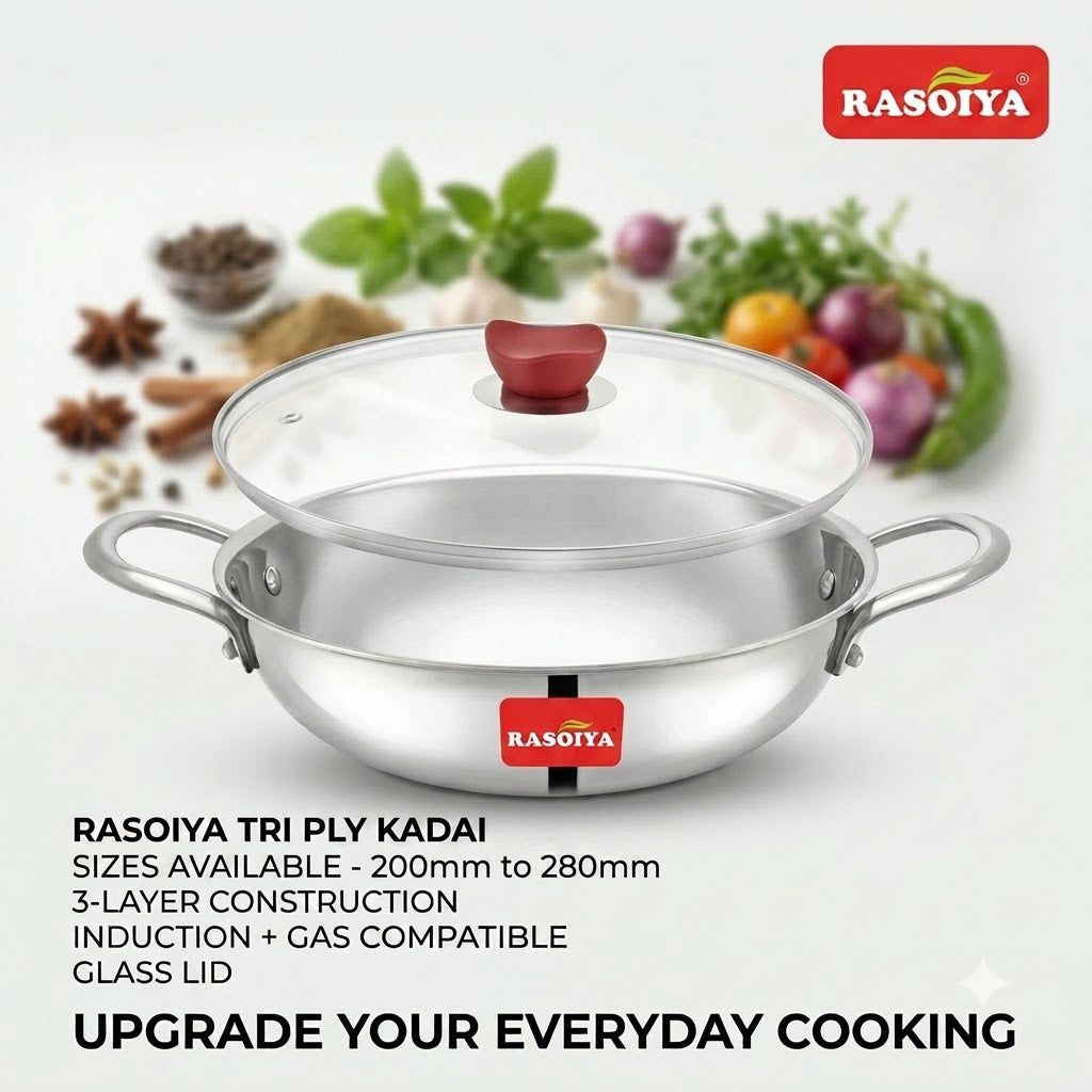 Rasoiya 240MM & 280MM Tri-Ply Stainless Steel Premium Kadai 3L & 4.5L 3-Layer Thick Body, Induction & gas Compatible
