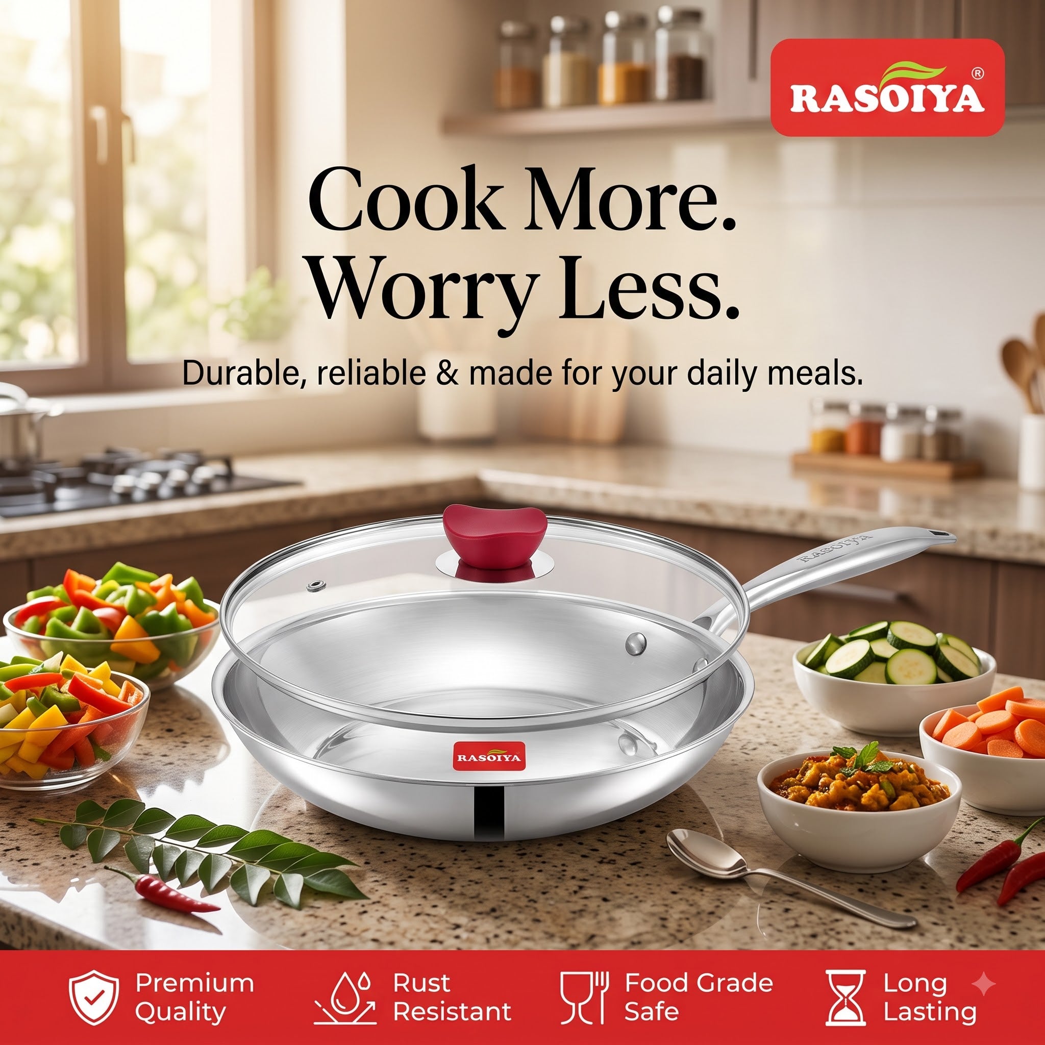Rasoiya 240MM & 280MM Tri-Ply Stainless Steel Fry Pan With Glass Lid,3L & 5L Capacity Premium 3-Layer Thick Body, Induction & gas Compatible