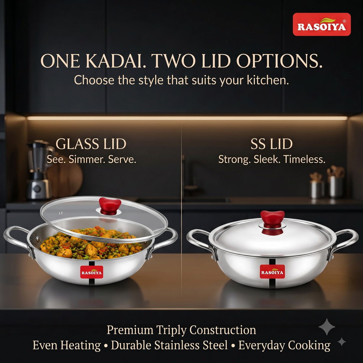 Rasoiya 240MM & 280MM Tri-Ply Stainless Steel Premium Kadai 3L & 4.5L 3-Layer Thick Body, Induction & gas Compatible