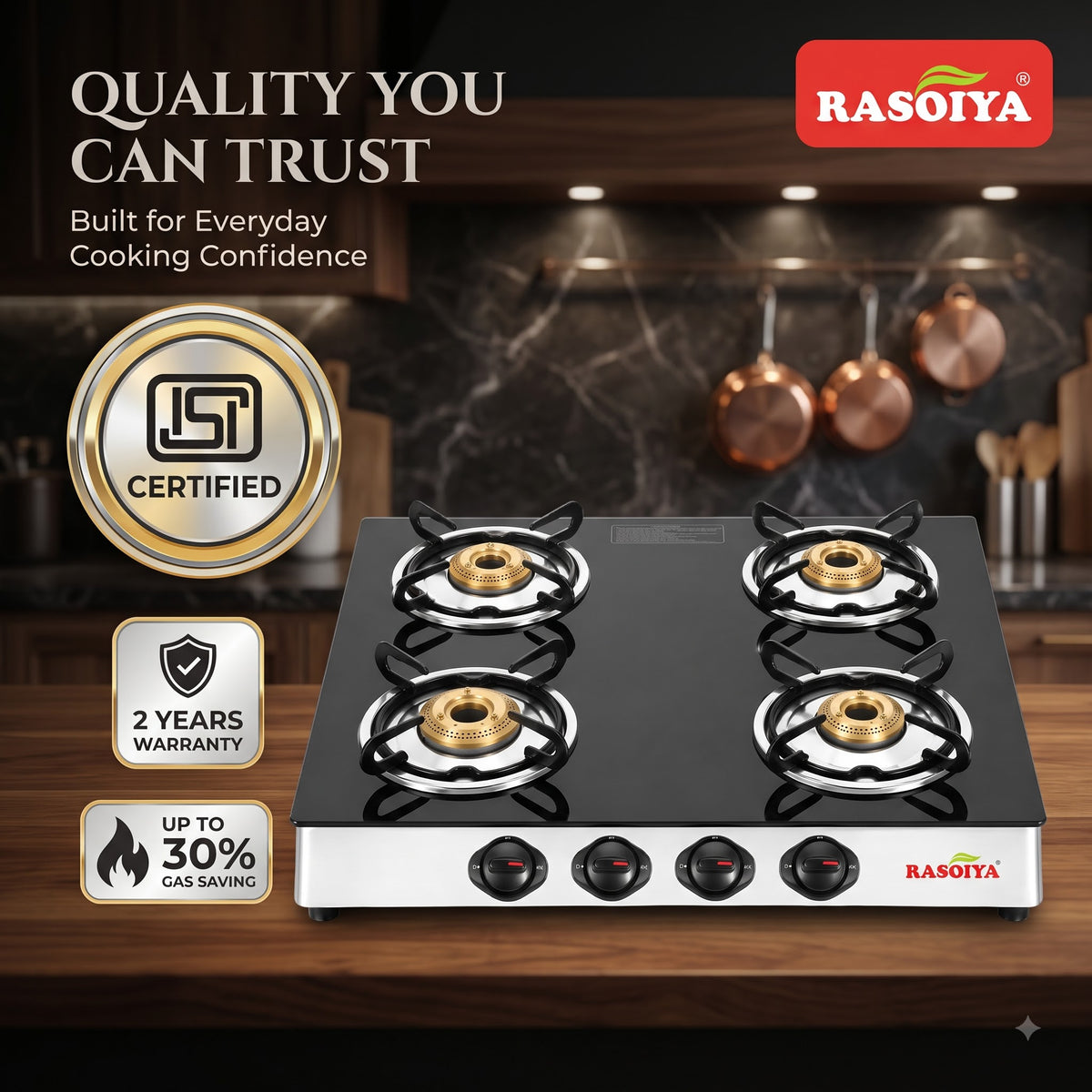 RASOIYA 4 BURNER GLASS TOP STOVE
