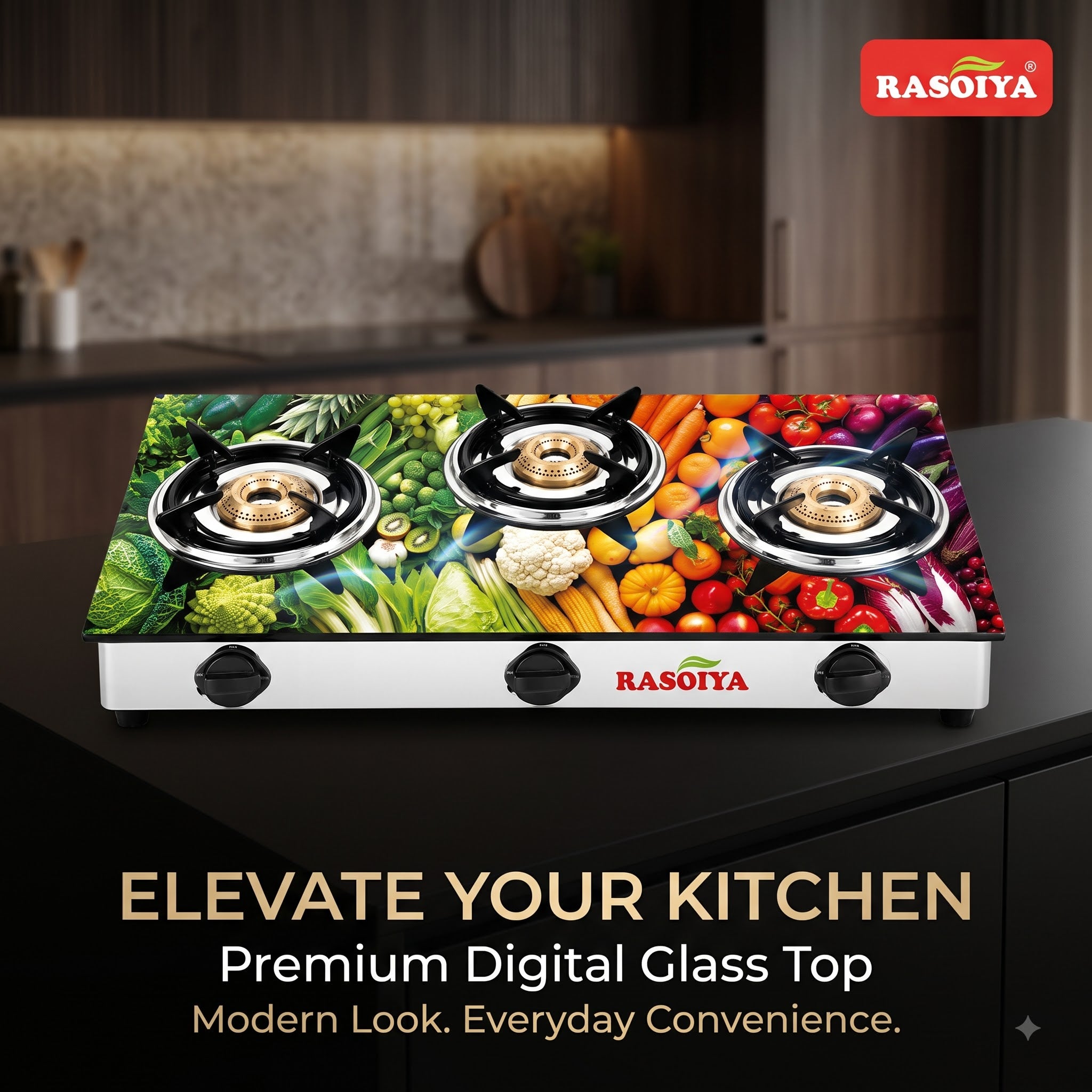RASOIYA 3 BURNER DIGITAL GLASS TOP STAINLESS MS FRAME