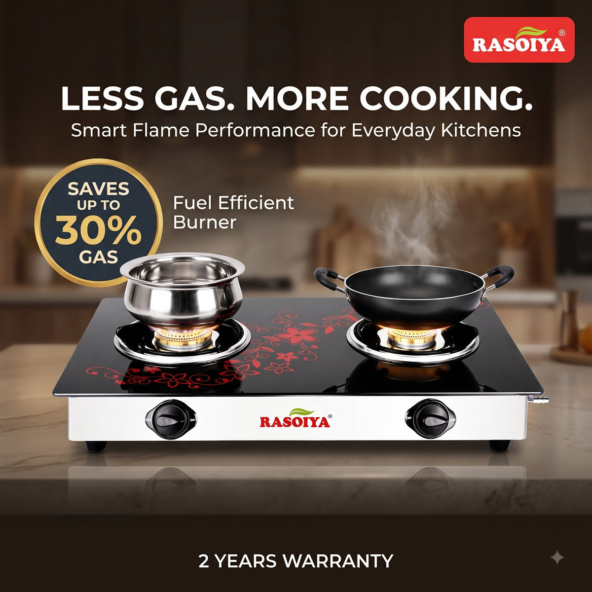 RASOIYA 2 BURNER DIGITAL GLASS TOP STAINLESS MS FRAME