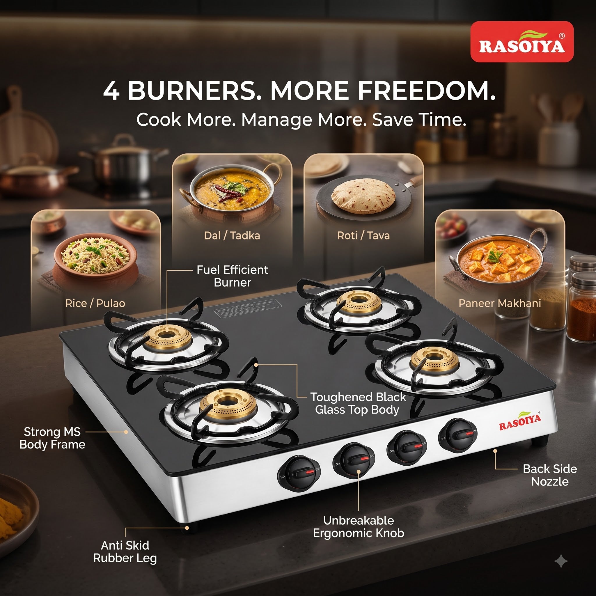 RASOIYA 4 BURNER GLASS TOP STOVE
