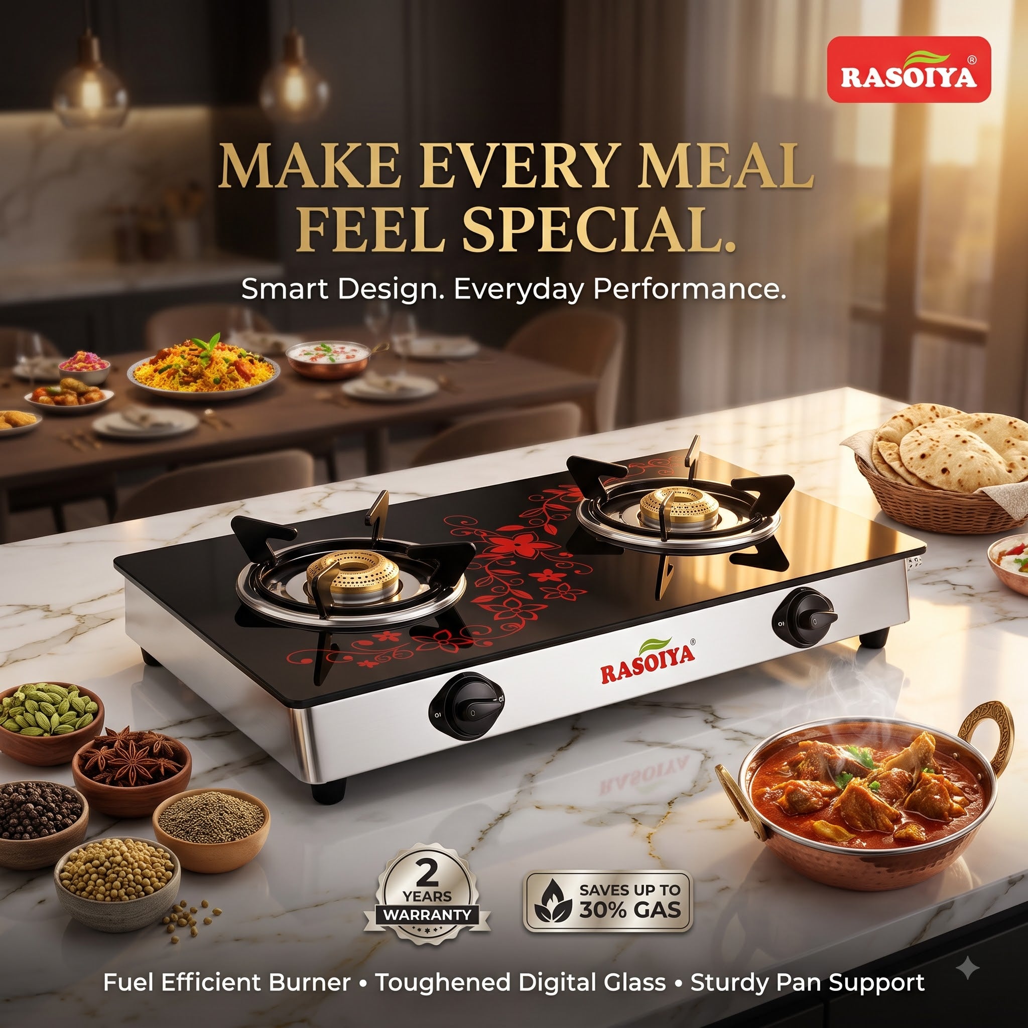RASOIYA 2 BURNER DIGITAL GLASS TOP STAINLESS MS FRAME