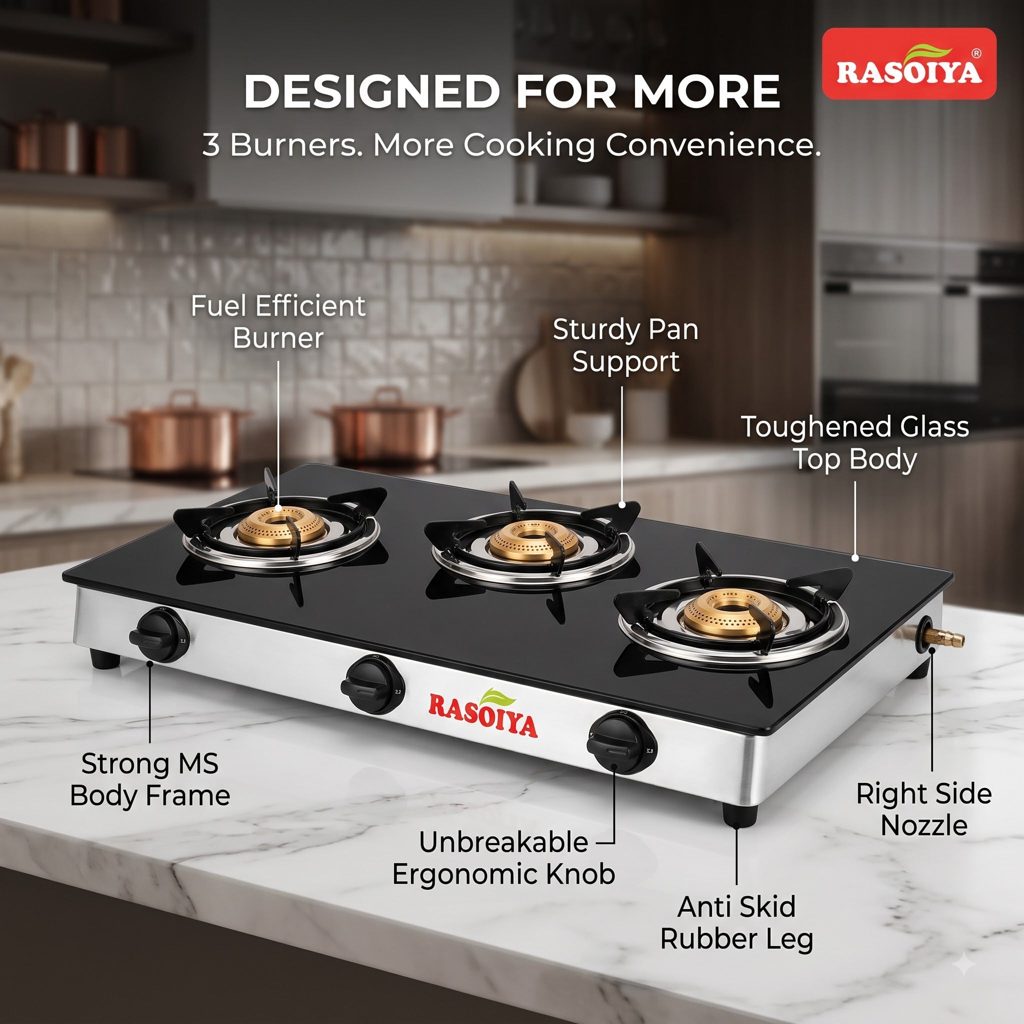 RASOIYA 3 BURNER GLASS TOP STOVE