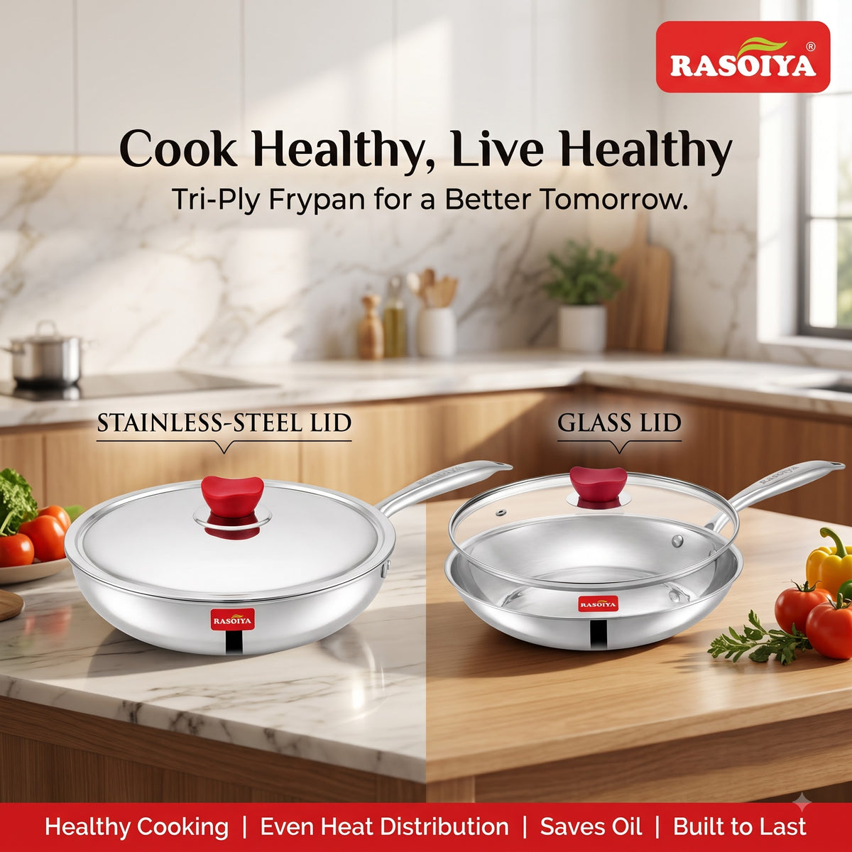 Rasoiya 240MM & 280MM Tri-Ply Stainless Steel Fry Pan With Glass Lid,3L & 5L Capacity Premium 3-Layer Thick Body, Induction & gas Compatible