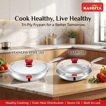 Rasoiya 240MM & 280MM Tri-Ply Stainless Steel Fry Pan With Glass Lid,3L & 5L Capacity Premium 3-Layer Thick Body, Induction & gas Compatible