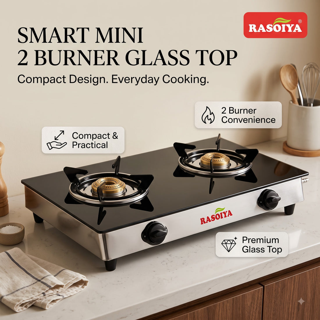 RASOIYA 2 BURNER MINI GLASS TOP STOVE
