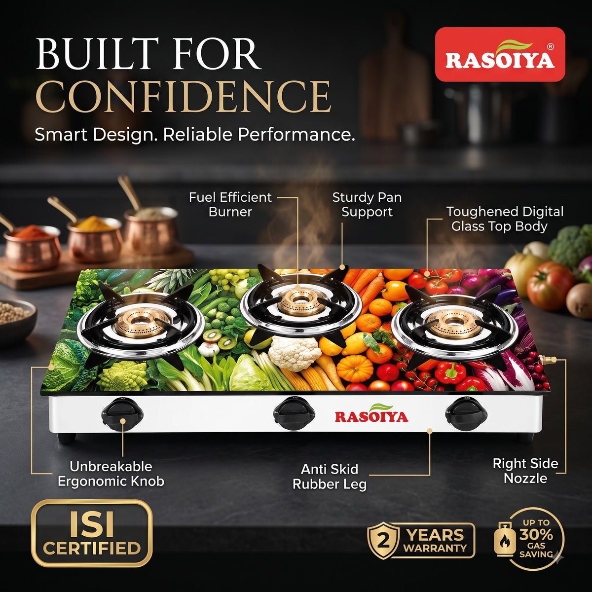RASOIYA 3 BURNER DIGITAL GLASS TOP STAINLESS MS FRAME