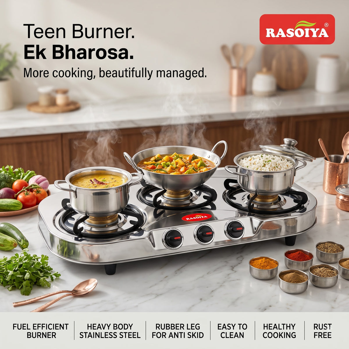RASOIYA 3 BURNER SPECTRA STAINLESS LPG STOVE