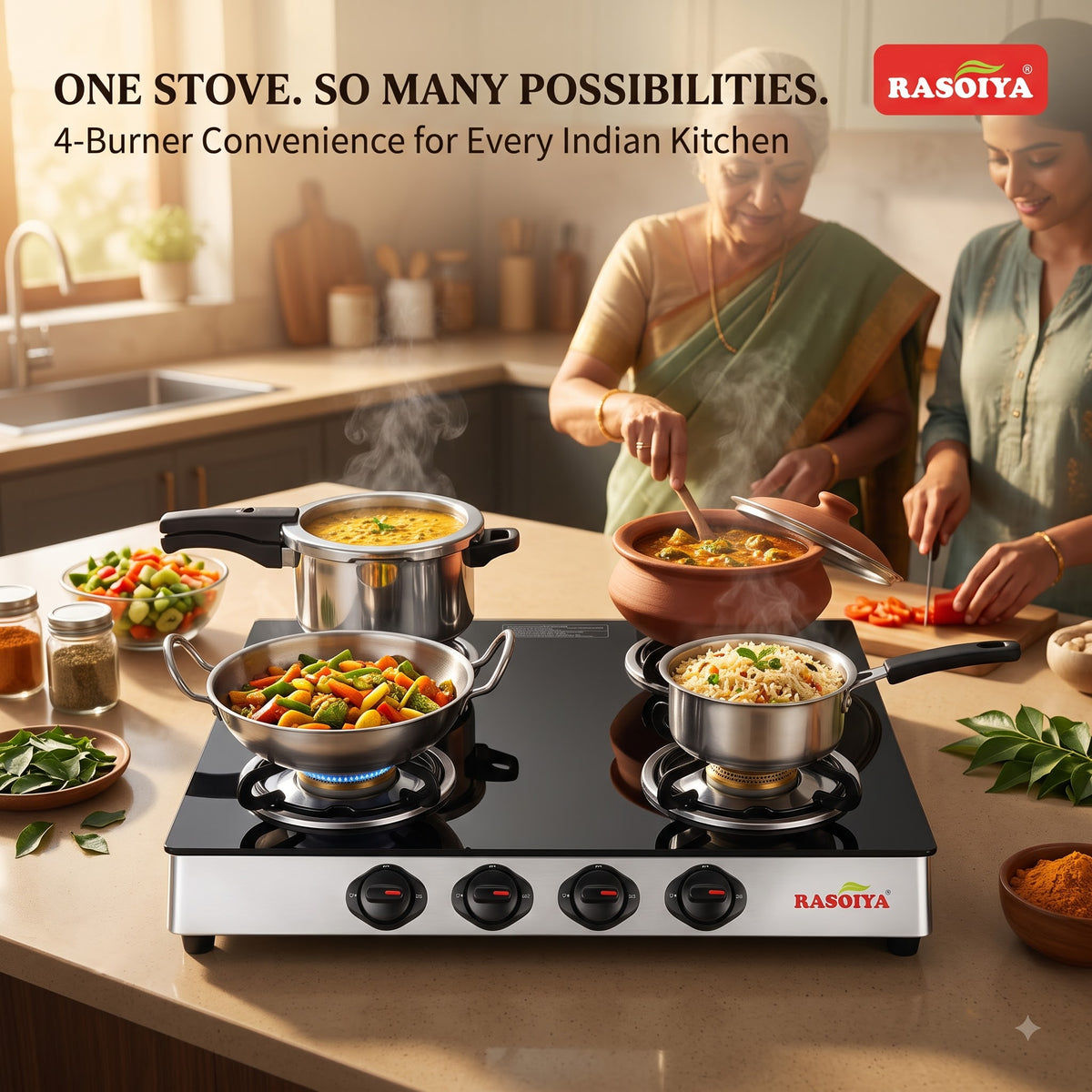 RASOIYA 4 BURNER GLASS TOP STOVE