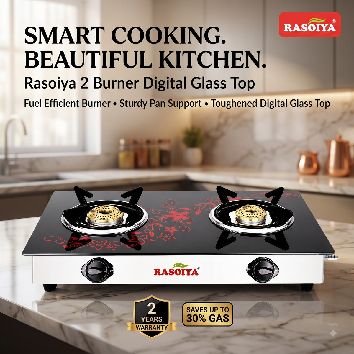 RASOIYA 2 BURNER DIGITAL GLASS TOP STAINLESS MS FRAME