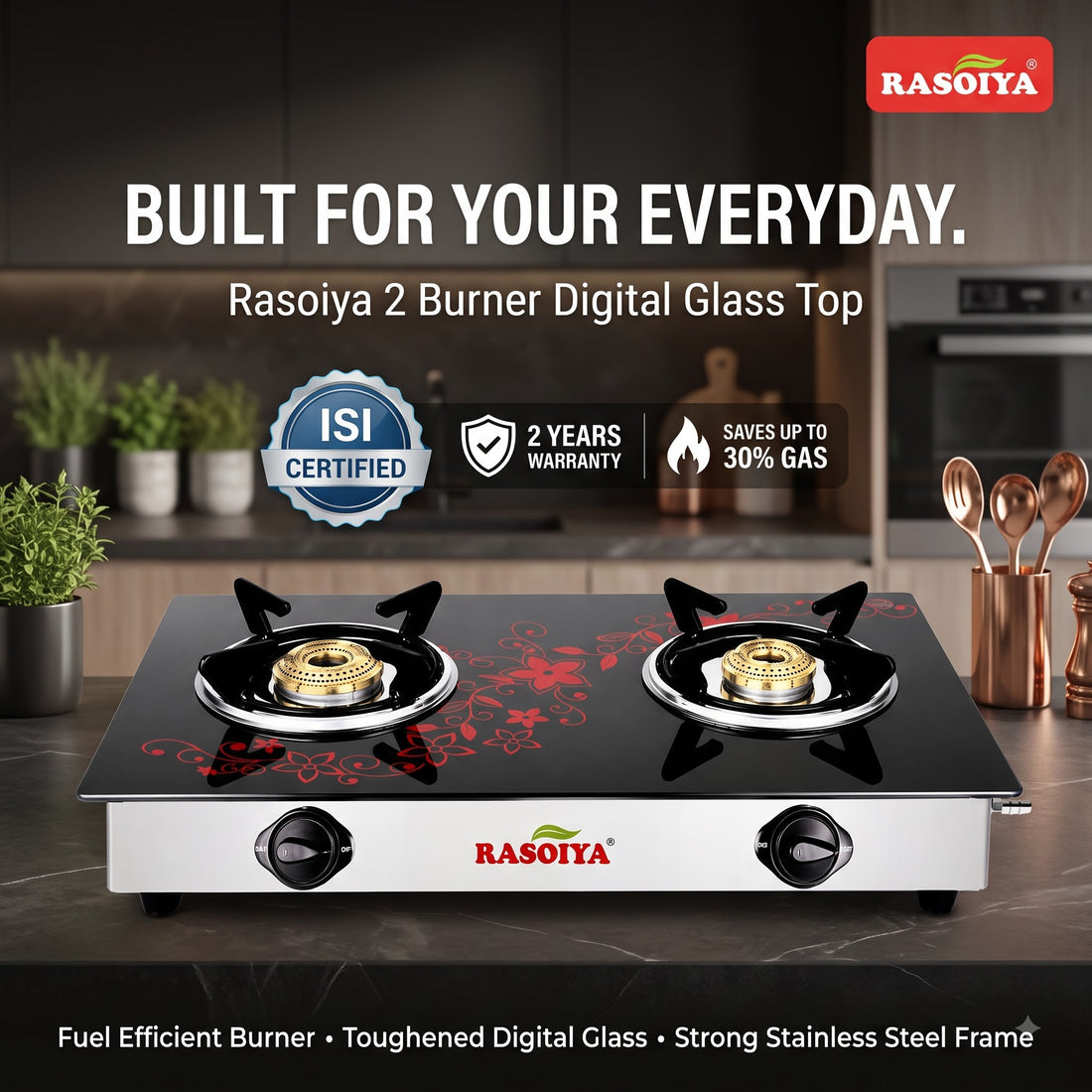 RASOIYA 2 BURNER DIGITAL GLASS TOP STAINLESS MS FRAME