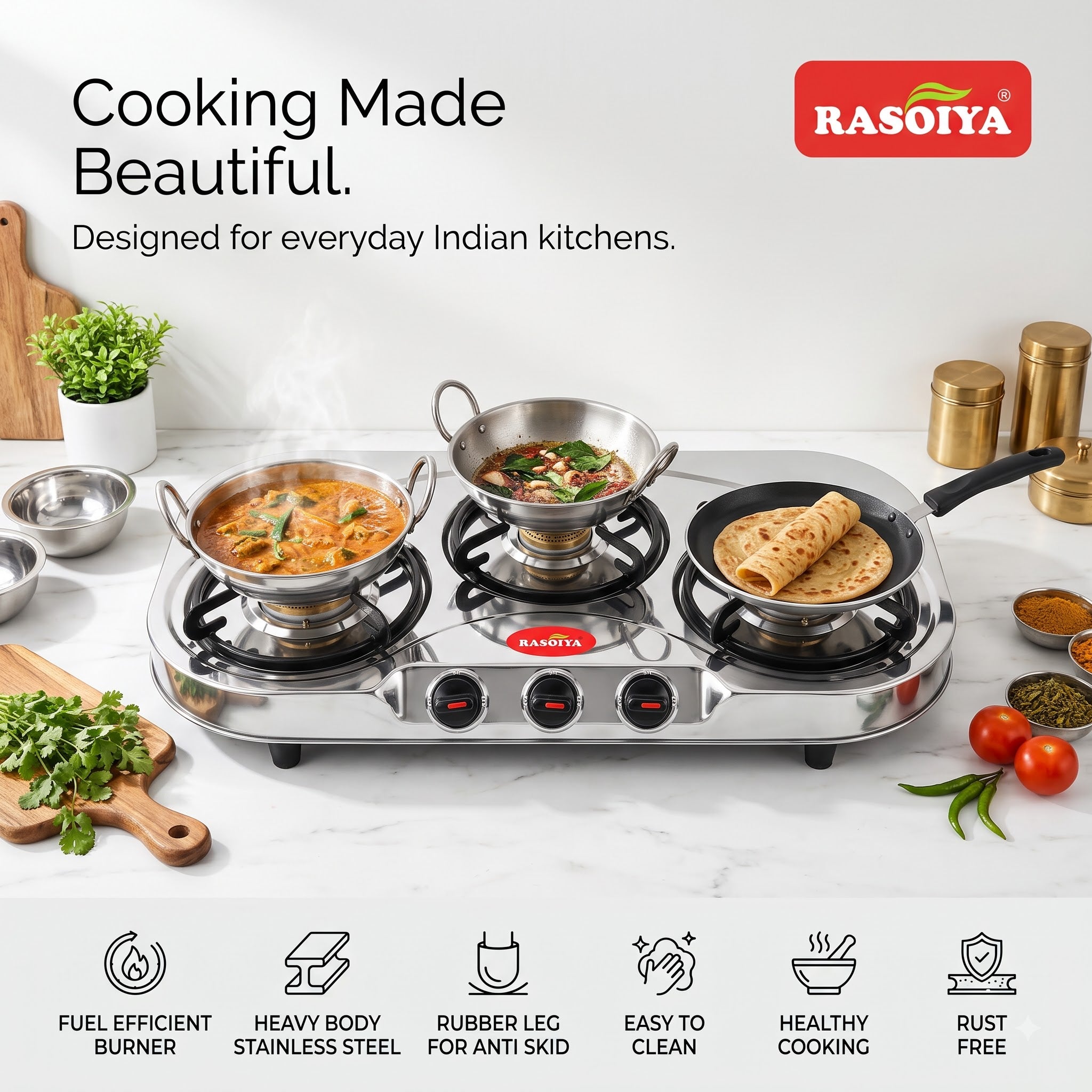 RASOIYA 3 BURNER SPECTRA STAINLESS LPG STOVE