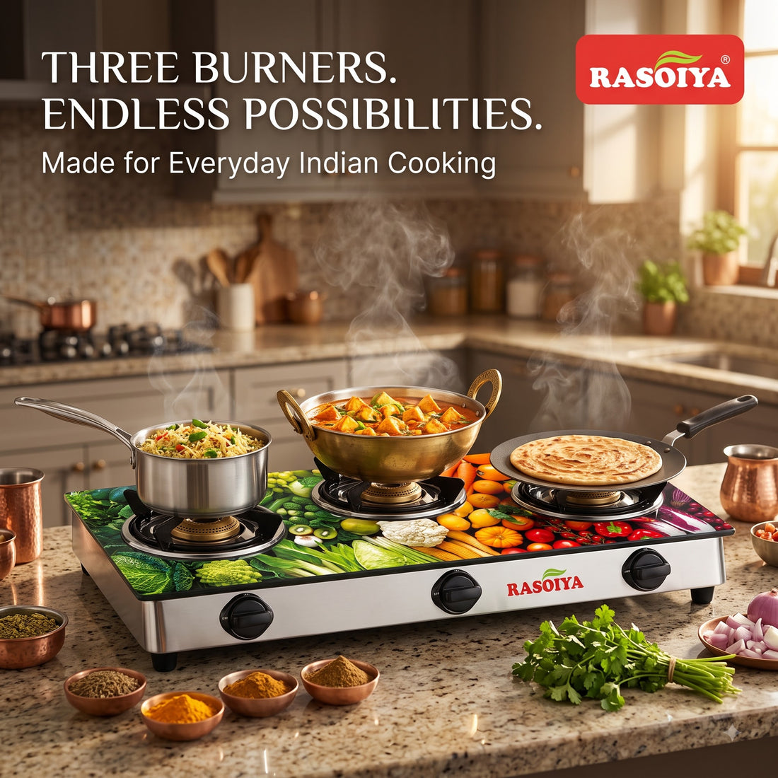 RASOIYA 3 BURNER DIGITAL GLASS TOP STAINLESS MS FRAME