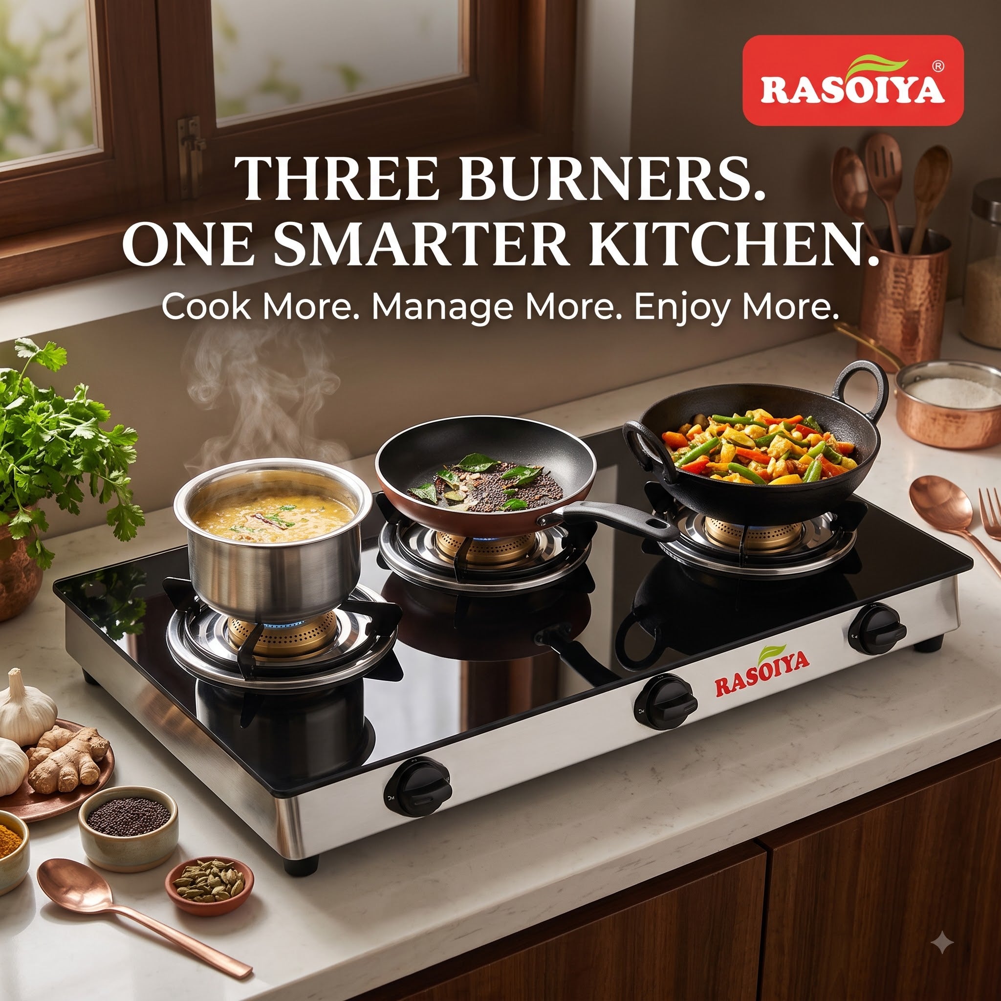 RASOIYA 3 BURNER GLASS TOP STOVE
