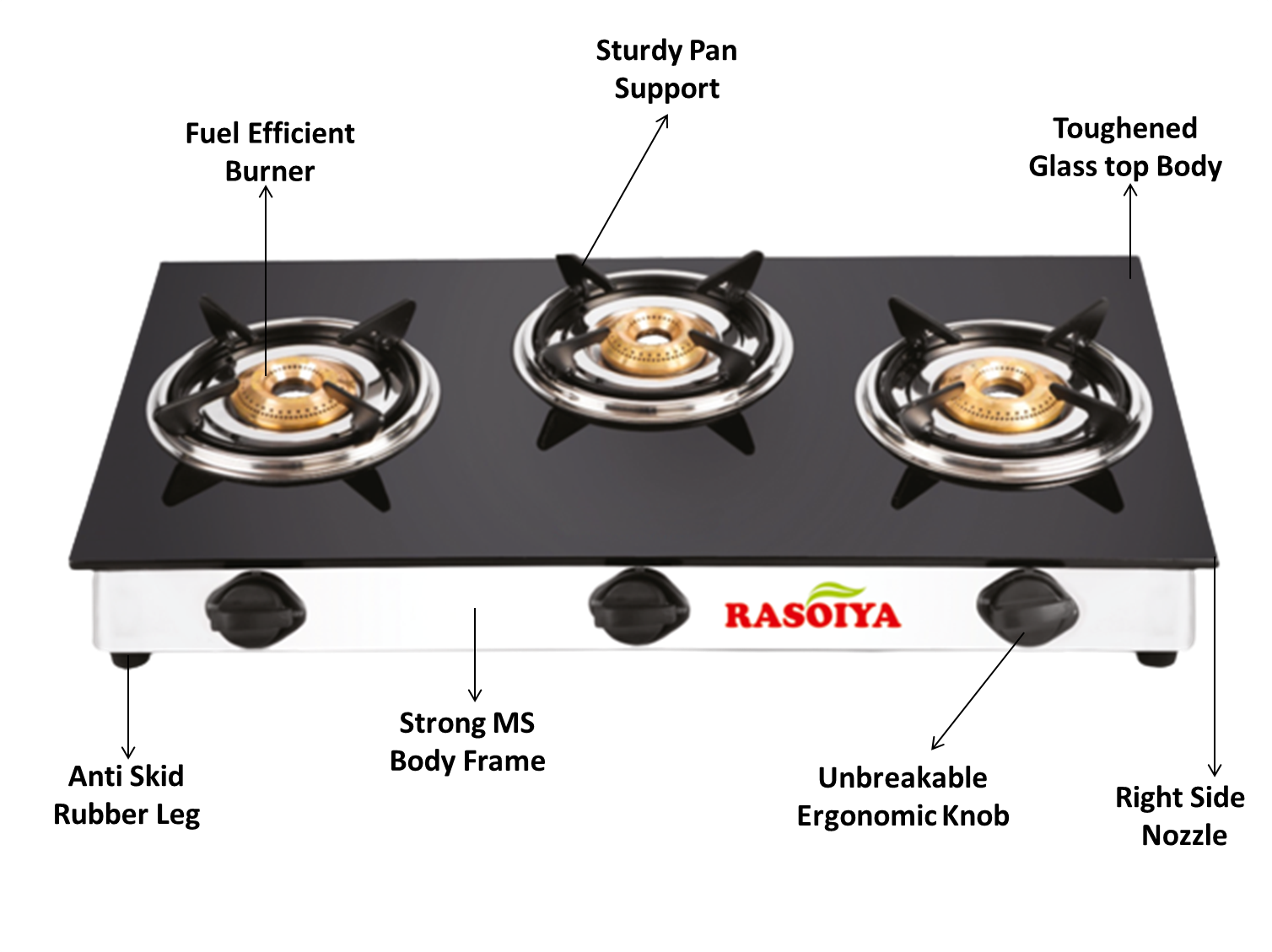 RASOIYA 3 BURNER GLASS TOP STOVE