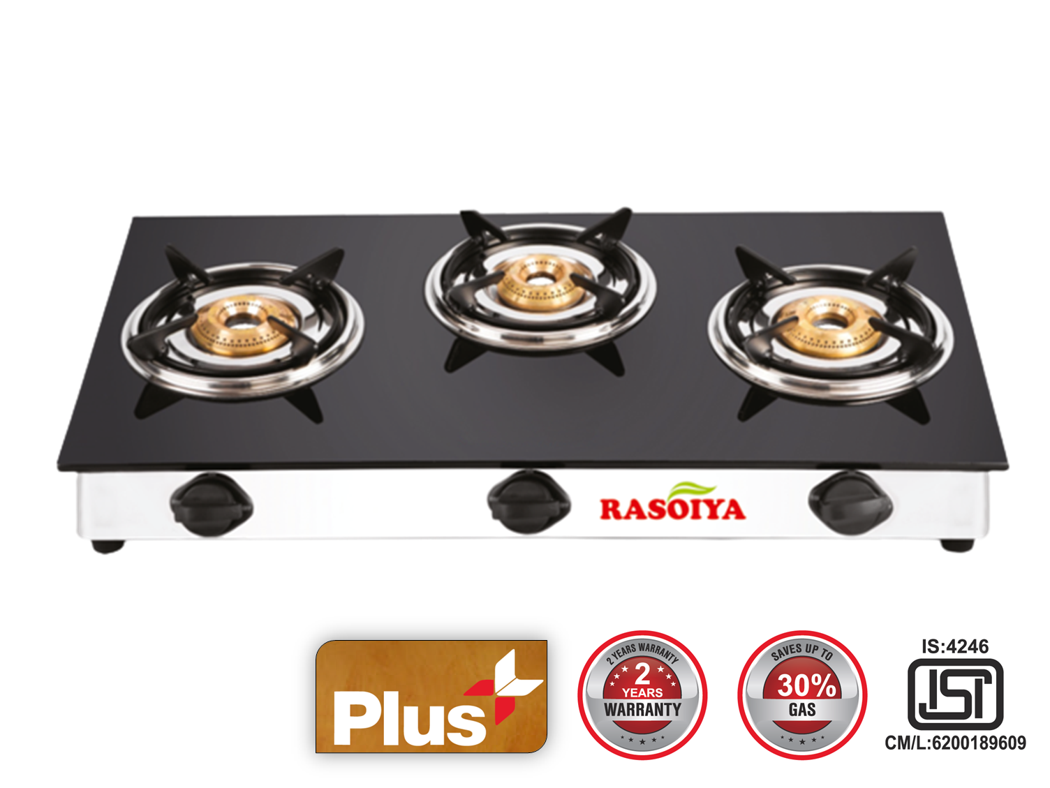 RASOIYA 3 BURNER GLASS TOP STOVE