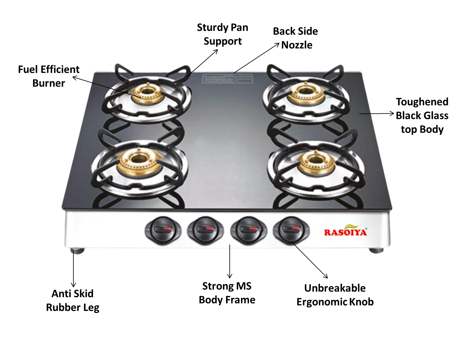 RASOIYA 4 BURNER GLASS TOP STOVE