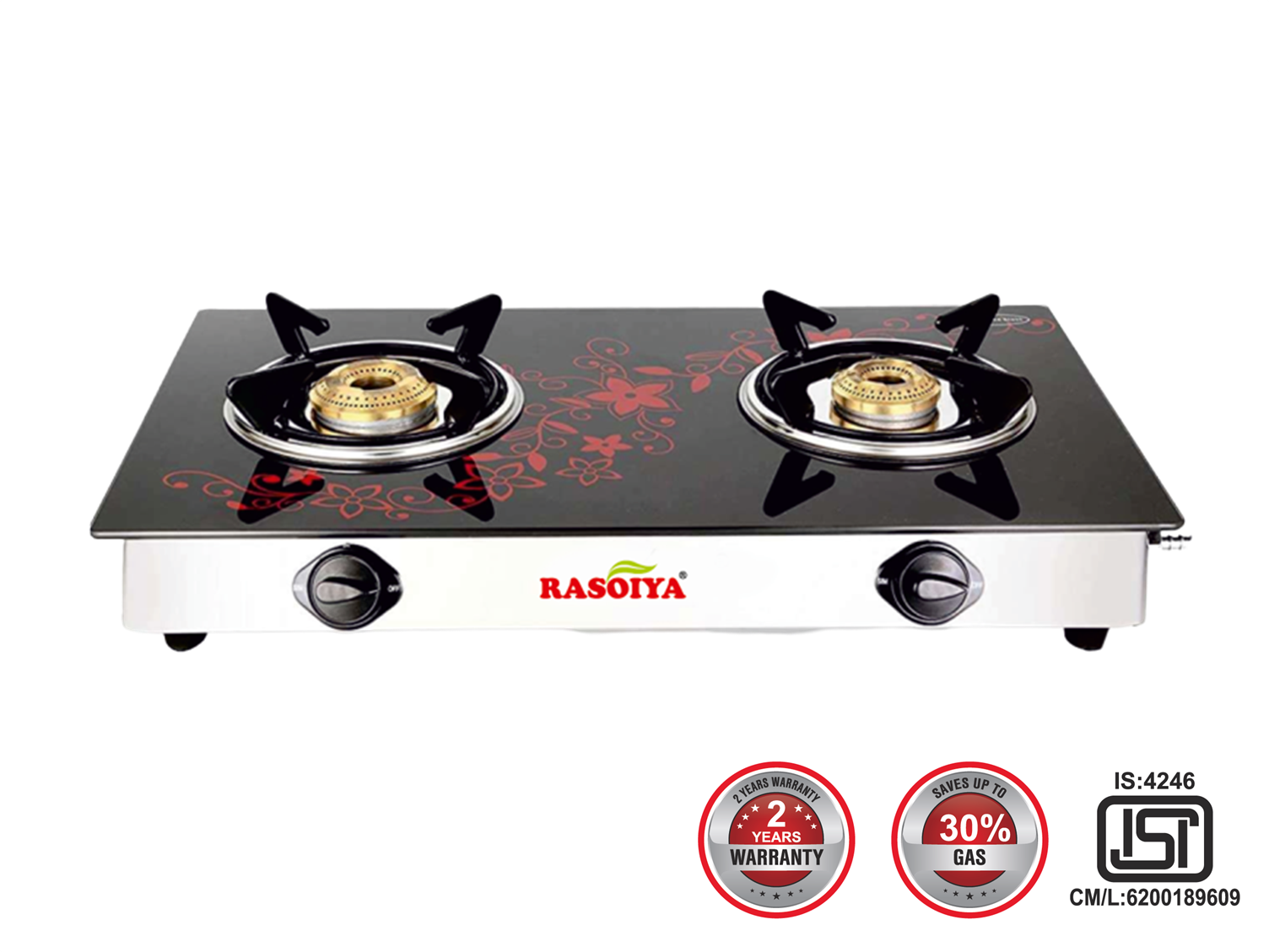RASOIYA 2 BURNER DIGITAL GLASS TOP STAINLESS MS FRAME