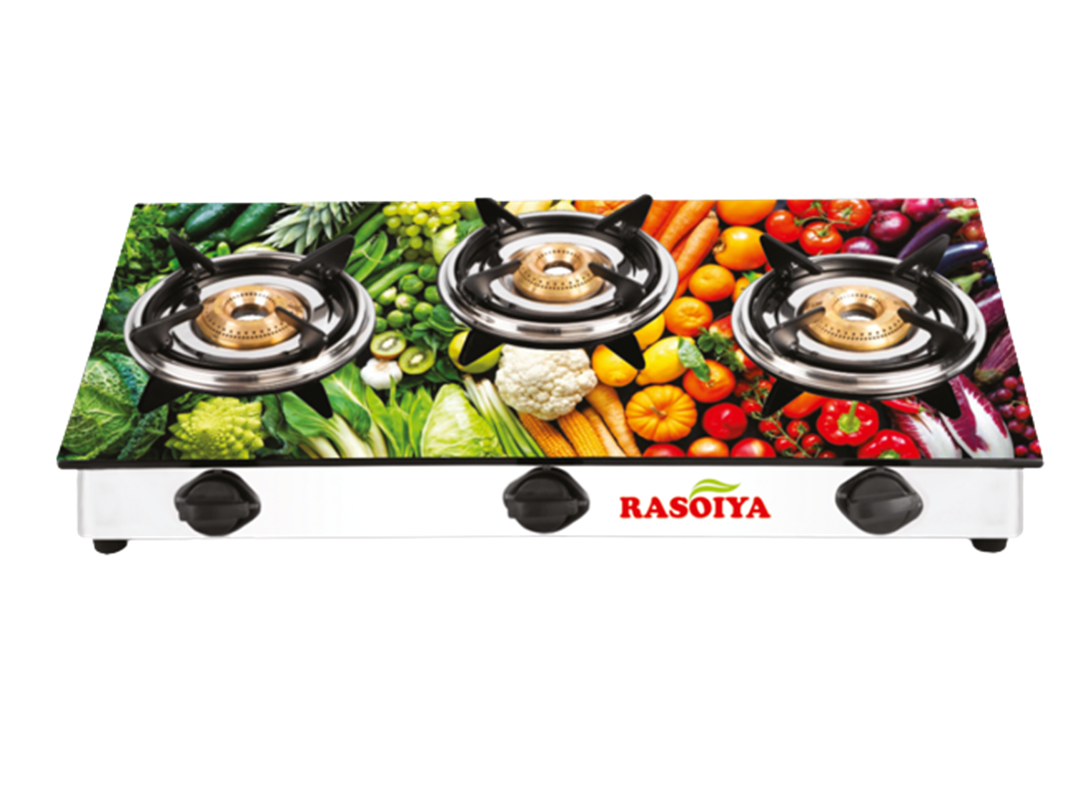 RASOIYA 3 BURNER DIGITAL GLASS TOP STAINLESS MS FRAME
