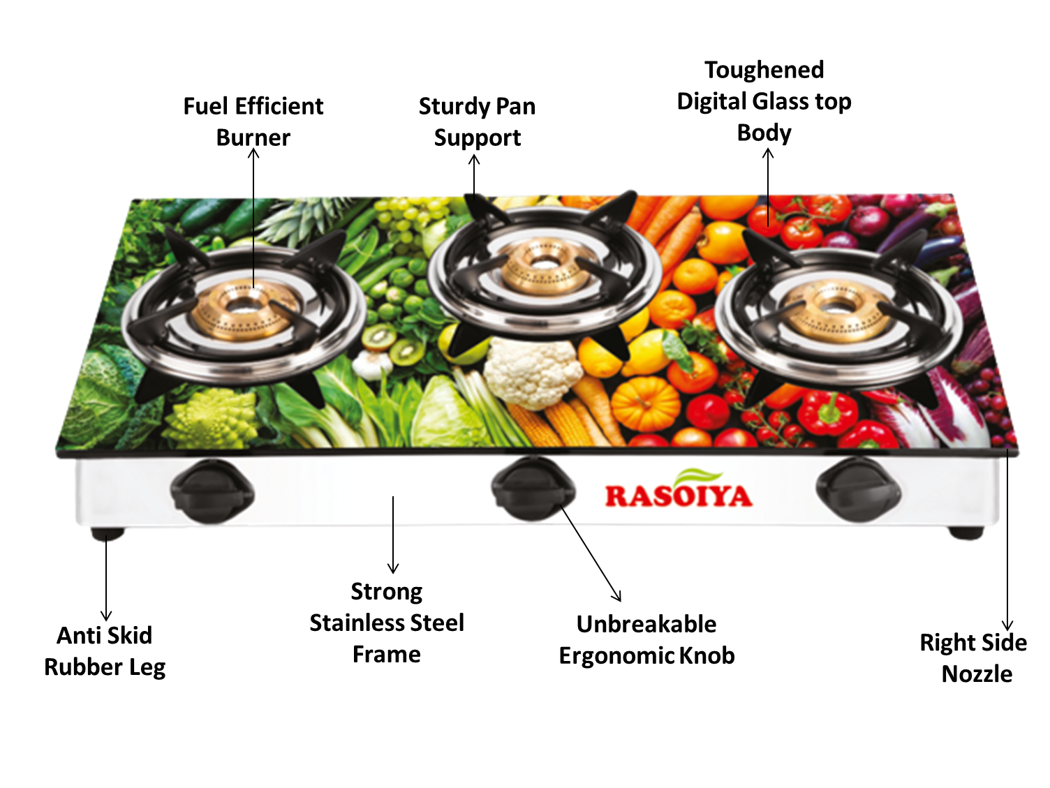 RASOIYA 3 BURNER DIGITAL GLASS TOP STAINLESS MS FRAME