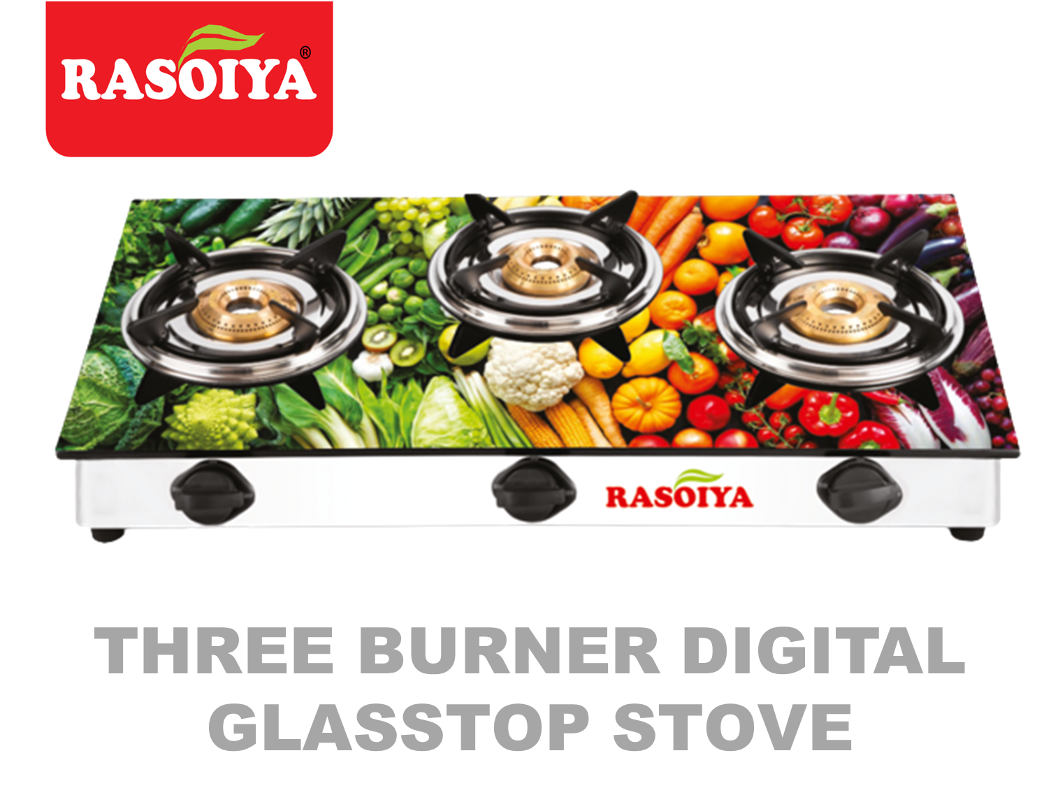 RASOIYA 3 BURNER DIGITAL GLASS TOP STAINLESS MS FRAME