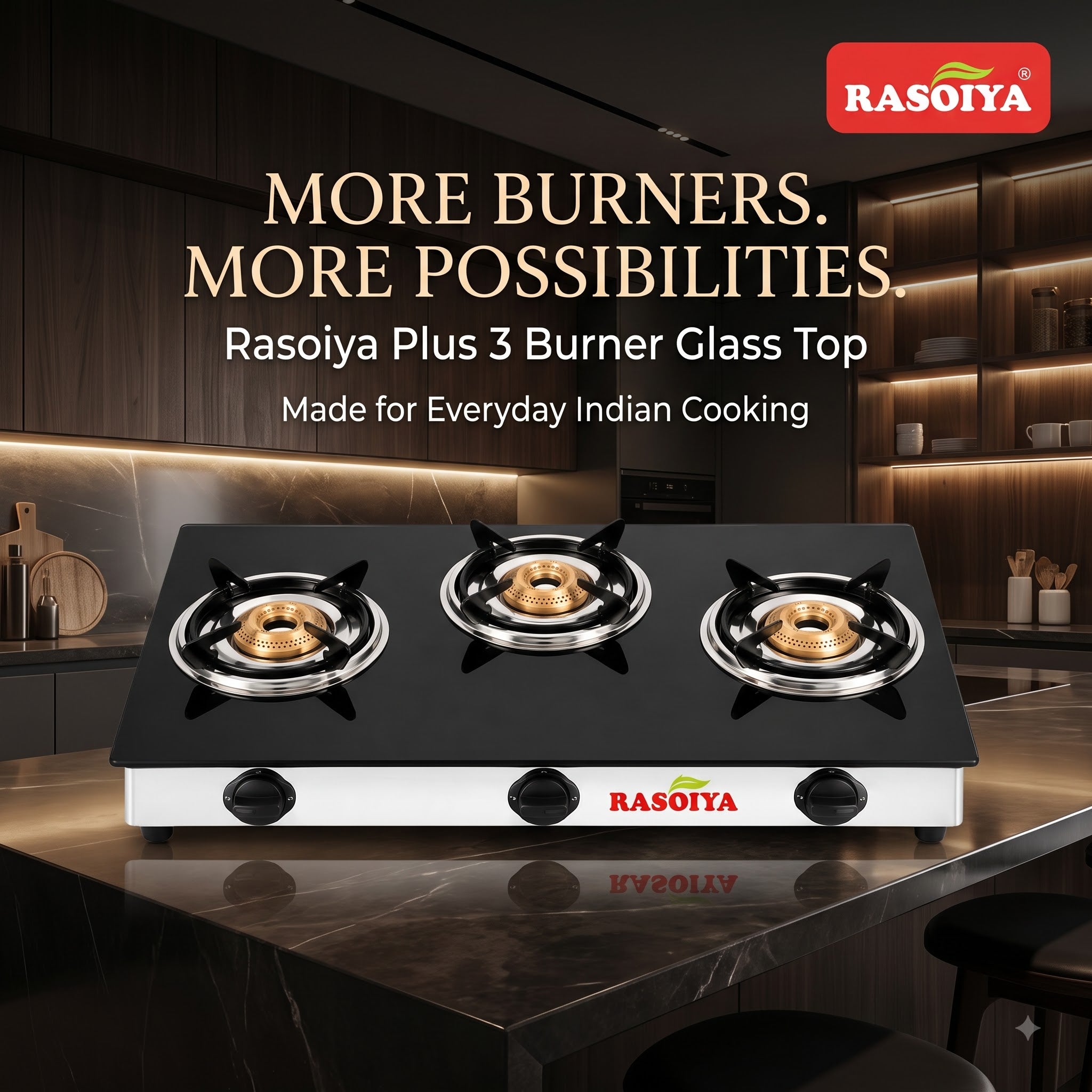 RASOIYA 3 BURNER GLASS TOP STOVE