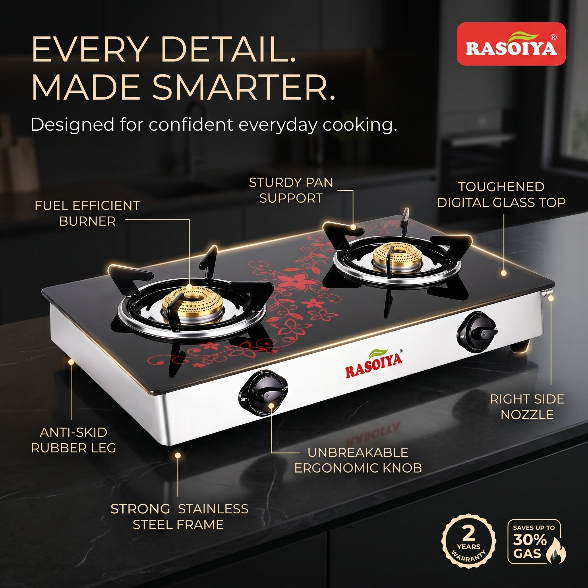 RASOIYA 2 BURNER DIGITAL GLASS TOP STAINLESS MS FRAME