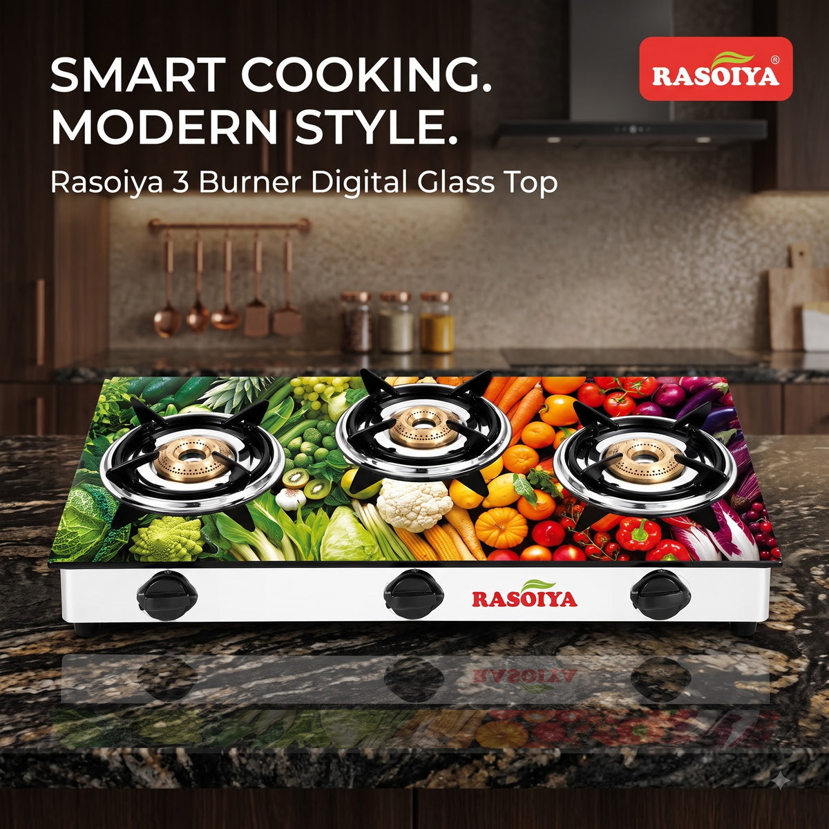 RASOIYA 3 BURNER DIGITAL GLASS TOP STAINLESS MS FRAME