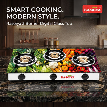 RASOIYA 3 BURNER DIGITAL GLASS TOP STAINLESS MS FRAME