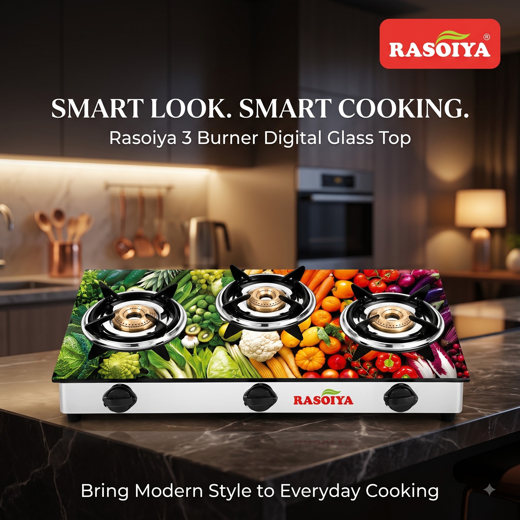 RASOIYA 3 BURNER DIGITAL GLASS TOP STAINLESS MS FRAME
