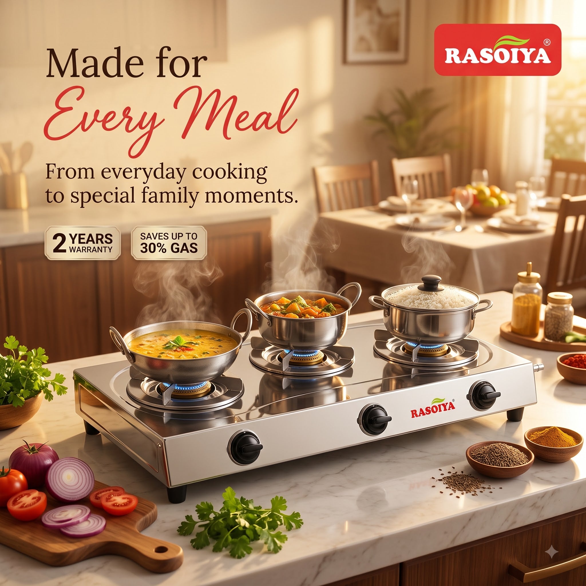 RASOIYA 3BURNER STAINLESS STEEL LPG STOVE (CLASSIC)