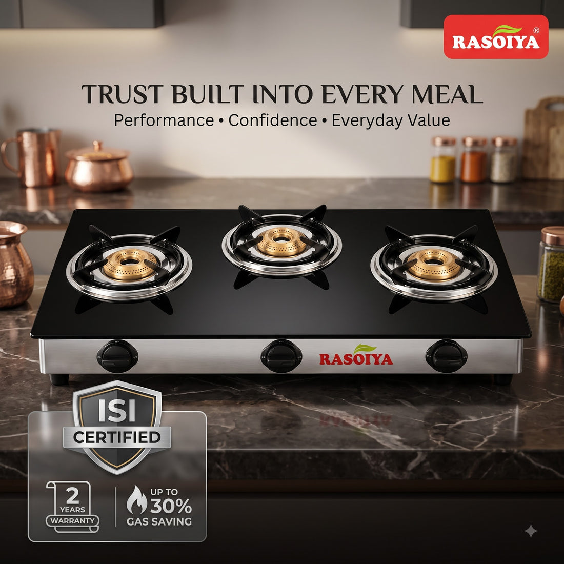 RASOIYA 3 BURNER GLASS TOP STOVE