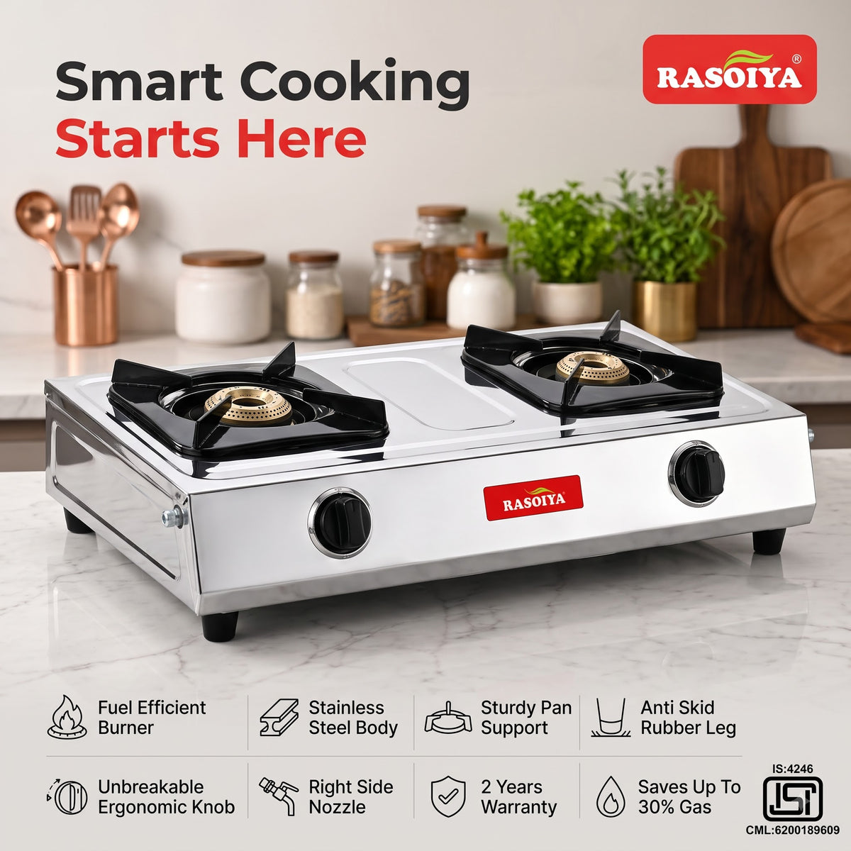 RASOIYA 2BURNER STAINLESS STEEL LPG STOVE (SMART)