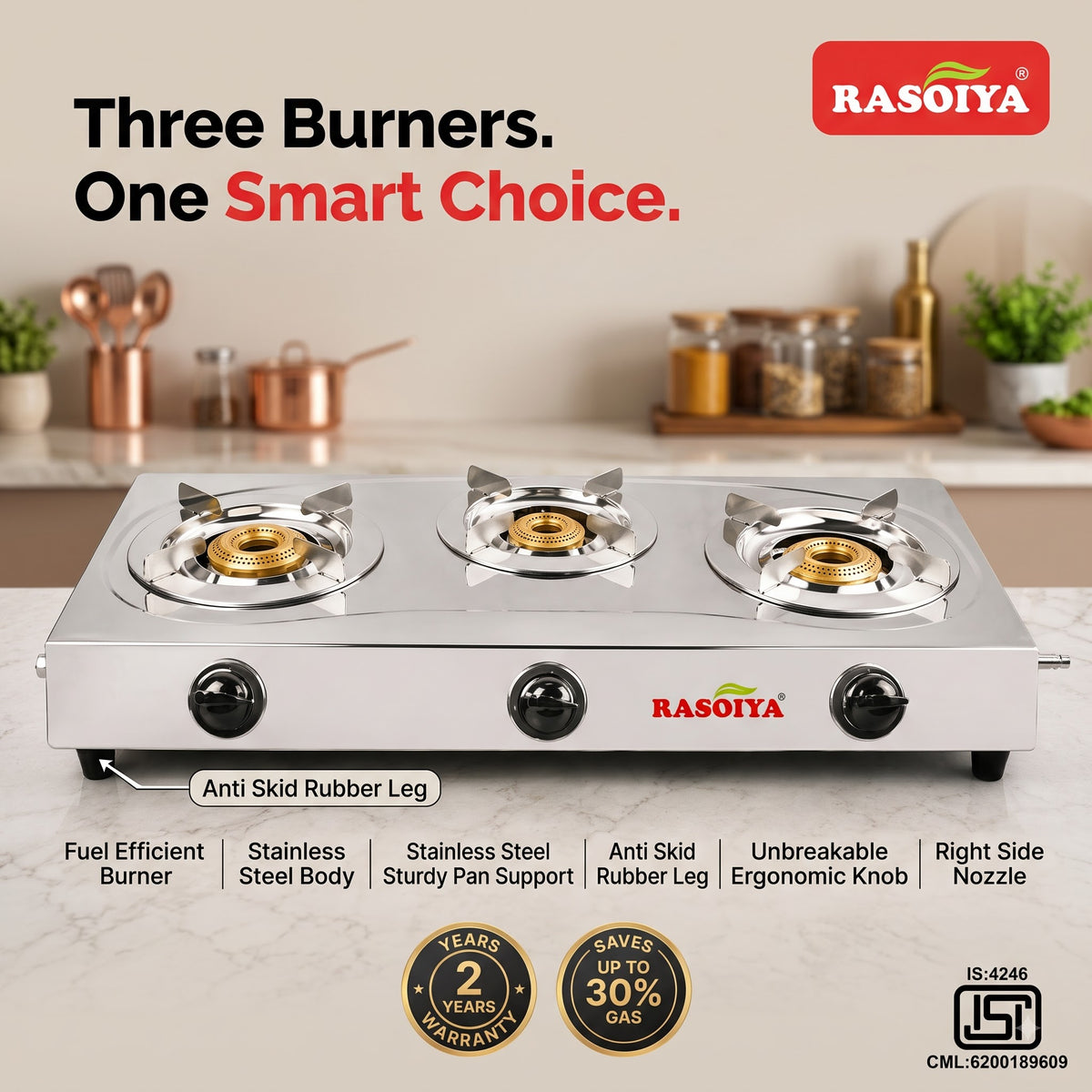 RASOIYA 3BURNER STAINLESS STEEL LPG STOVE (CLASSIC)
