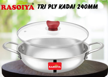 Rasoiya Tri-Ply Stainless Steel Kadai Premium 3-Layer Thick Body, Induction & gas Compatible
